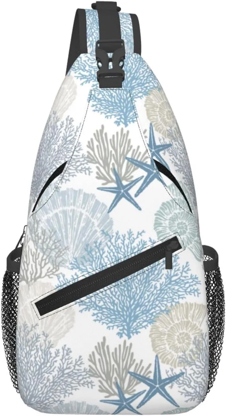 Abstract Marine Theme Crossbody Sling Bag for Women Men Nautical Coastal Starfish Seashell Mollusk Coral Sling Backpack Casual Shoulder Bag Cute Hand Drawn Underwater Plants Hiking Daypack