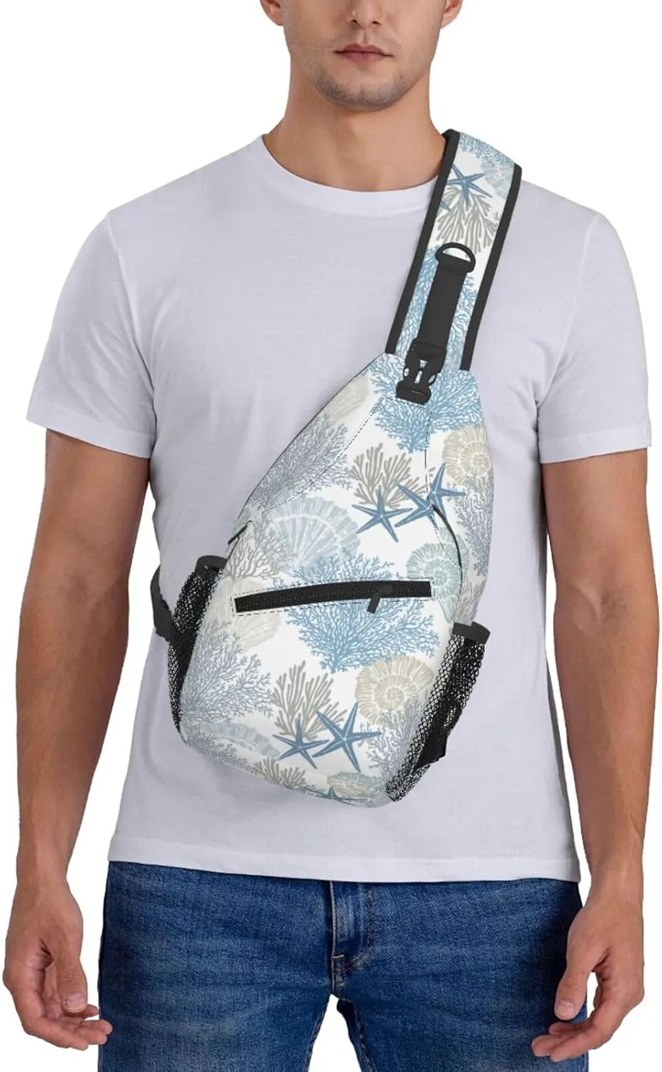 Abstract Marine Theme Crossbody Sling Bag for Women Men Nautical Coastal Starfish Seashell Mollusk Coral Sling Backpack Casual Shoulder Bag Cute Hand Drawn Underwater Plants Hiking Daypack