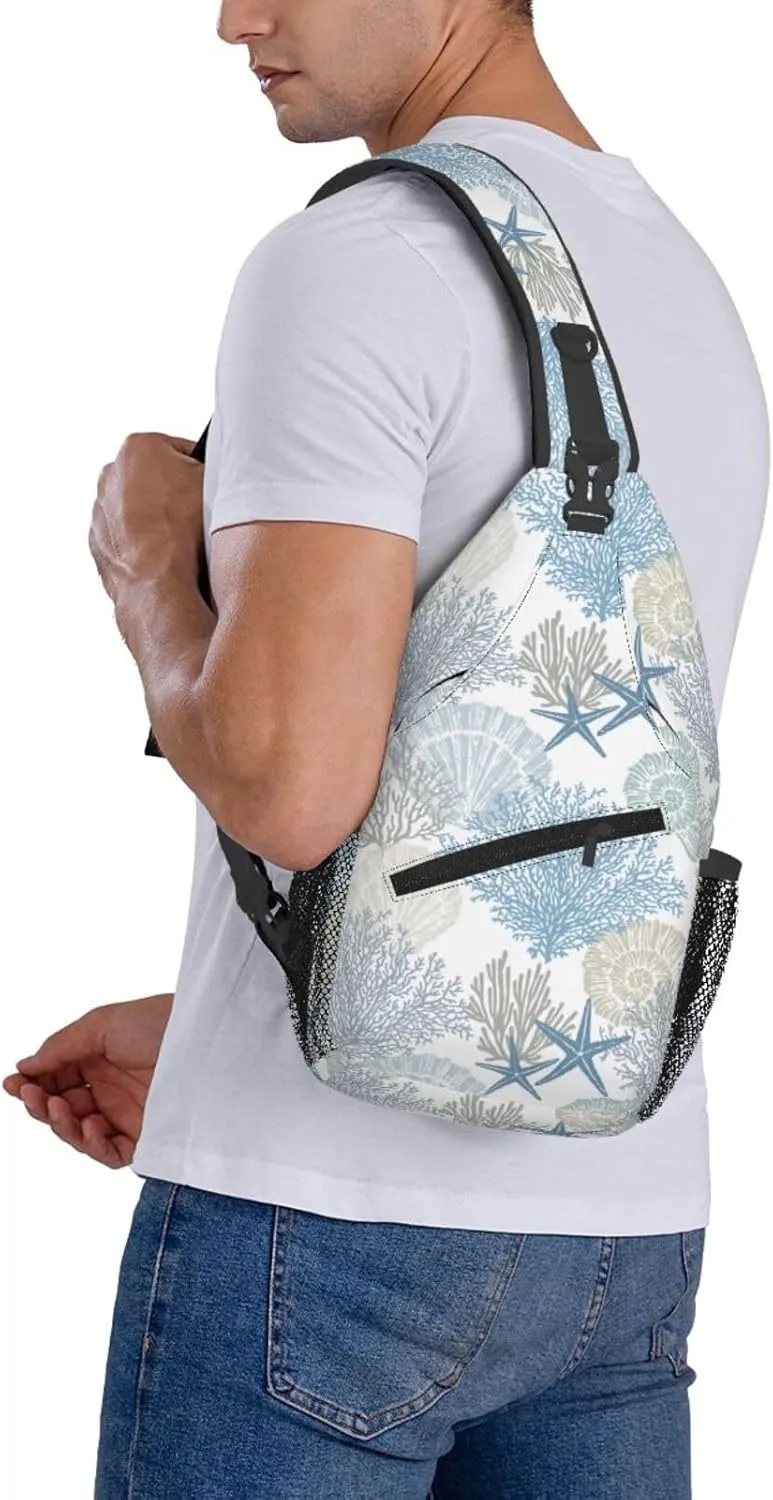 Abstract Marine Theme Crossbody Sling Bag for Women Men Nautical Coastal Starfish Seashell Mollusk Coral Sling Backpack Casual Shoulder Bag Cute Hand Drawn Underwater Plants Hiking Daypack