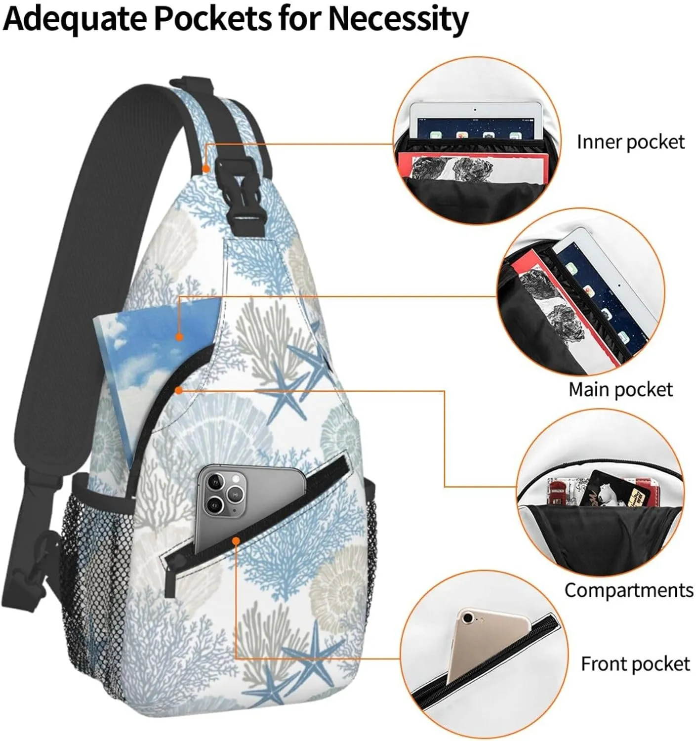 Abstract Marine Theme Crossbody Sling Bag for Women Men Nautical Coastal Starfish Seashell Mollusk Coral Sling Backpack Casual Shoulder Bag Cute Hand Drawn Underwater Plants Hiking Daypack