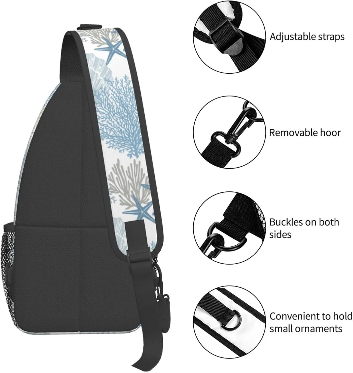 Abstract Marine Theme Crossbody Sling Bag for Women Men Nautical Coastal Starfish Seashell Mollusk Coral Sling Backpack Casual Shoulder Bag Cute Hand Drawn Underwater Plants Hiking Daypack