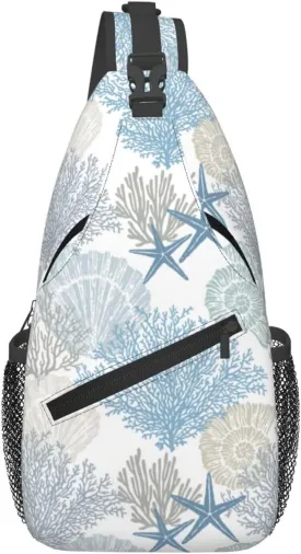Abstract Marine Theme Crossbody Sling Bag for Women Men Nautical Coastal Starfish Seashell Mollusk Coral Sling Backpack Casual Shoulder Bag Cute Hand Drawn Underwater Plants Hiking Daypack