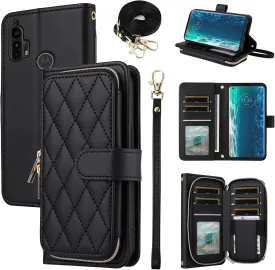 Argyle Wallet Case for Moto Edge Plus 2020 with Wrist Strap Shoulder Strap, Card Slots Zipper Purse Luxury PU Leather Stand Cell Phone Cover for Motorola Edge    XT2061 Women Girls Black