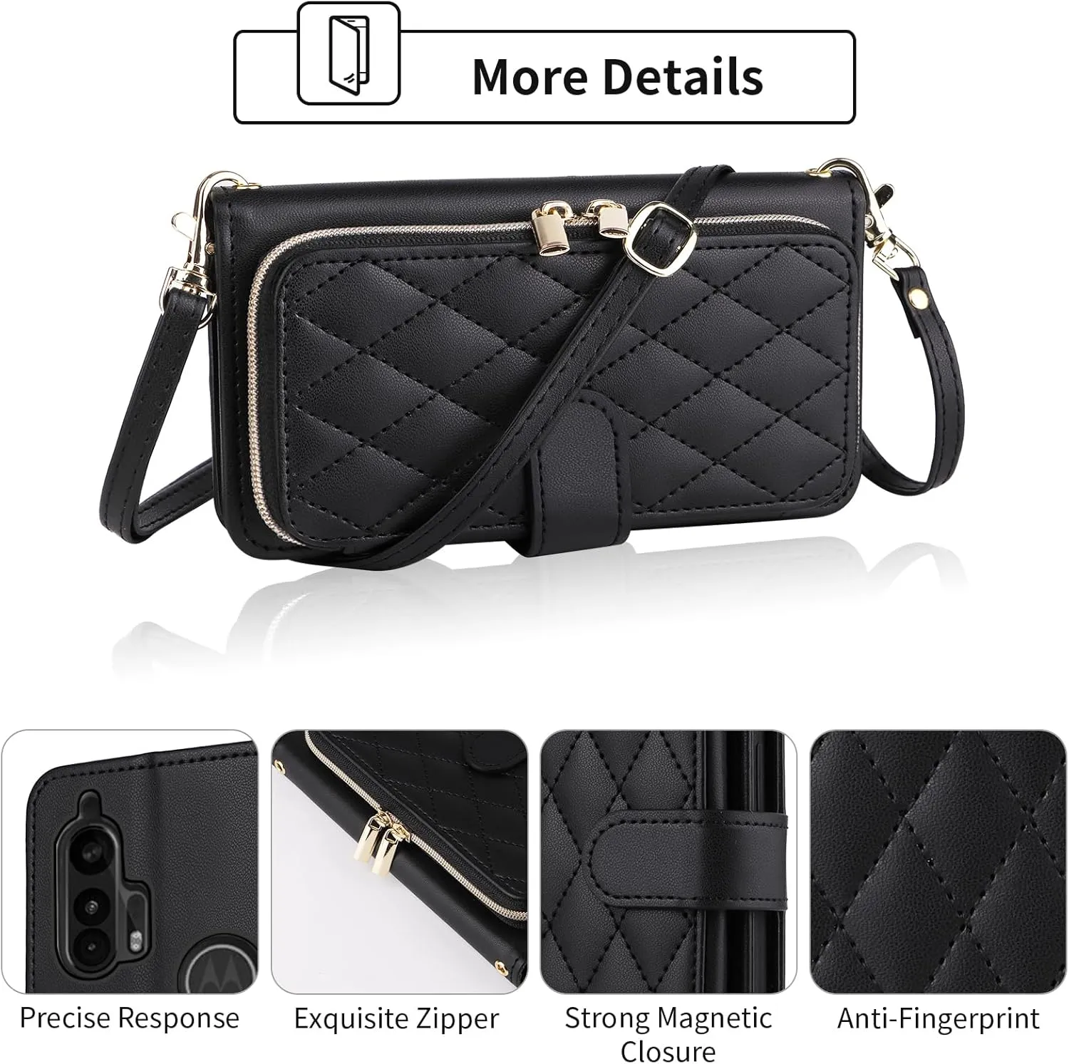 Argyle Wallet Case for Moto Edge Plus 2020 with Wrist Strap Shoulder Strap, Card Slots Zipper Purse Luxury PU Leather Stand Cell Phone Cover for Motorola Edge    XT2061 Women Girls Black