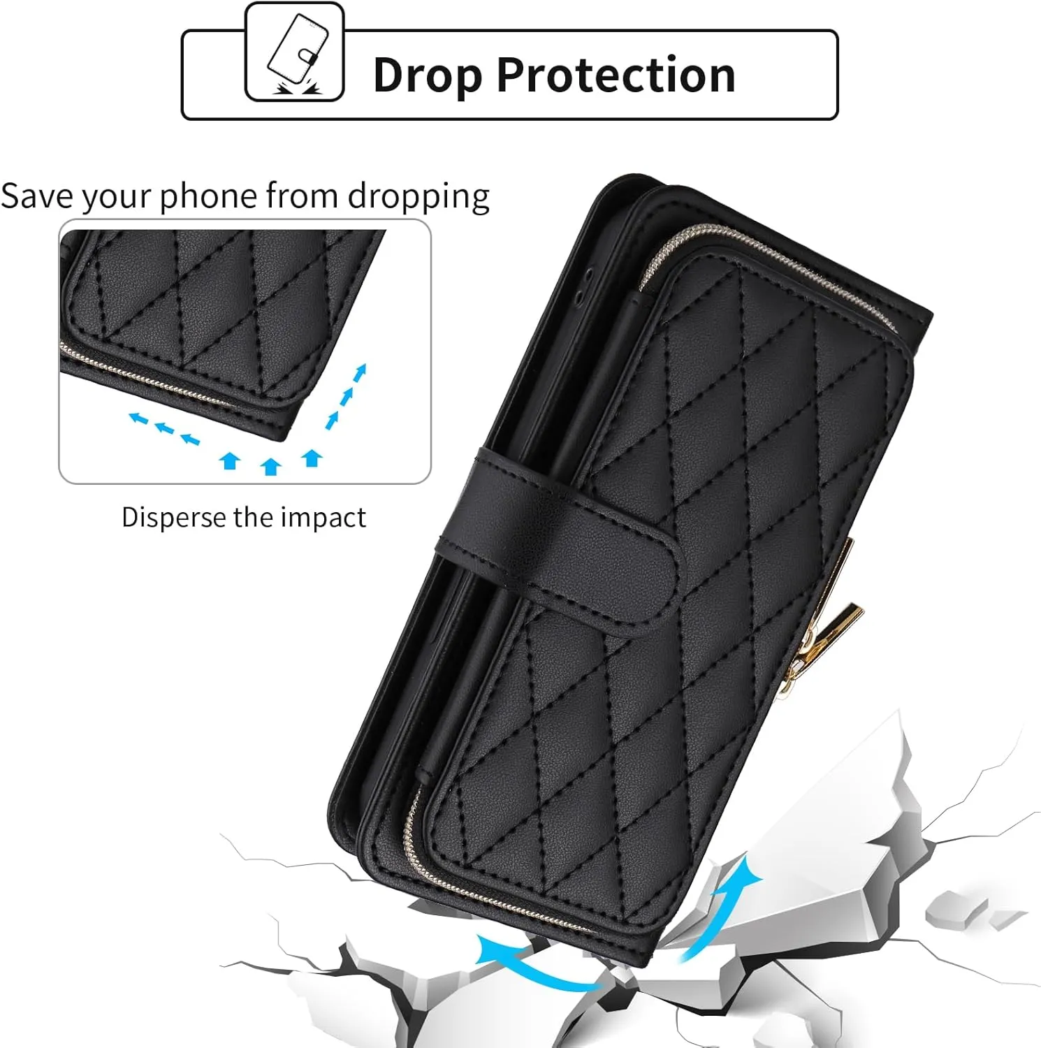 Argyle Wallet Case for Moto Edge Plus 2020 with Wrist Strap Shoulder Strap, Card Slots Zipper Purse Luxury PU Leather Stand Cell Phone Cover for Motorola Edge    XT2061 Women Girls Black