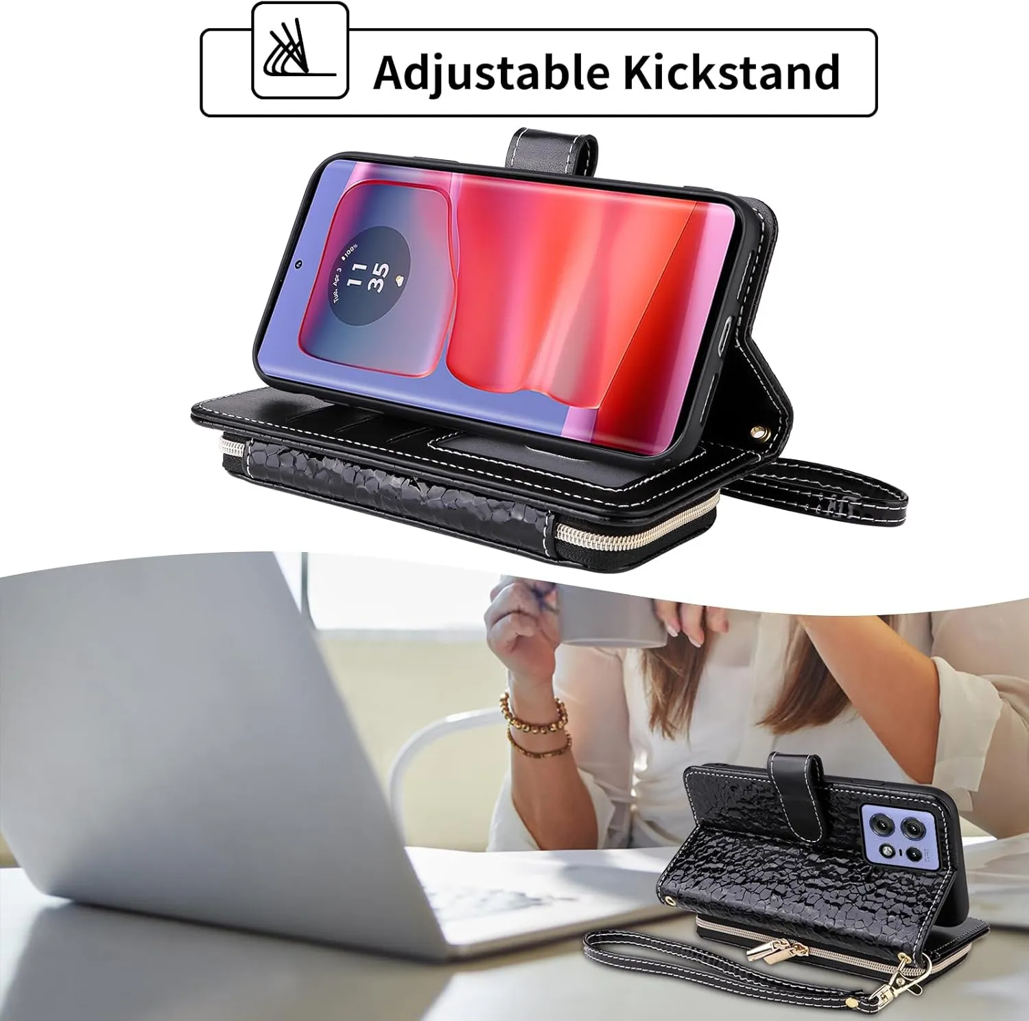 Argyle Wallet Case for Motorola Moto Edge 50 Pro 5G with Crossbody/Wrist Strap Lanyard Luxury PU Leather Stand Zipper Purse Shockproof Card Holder Cell Phone Cover for edge50Pro edge50 Black
