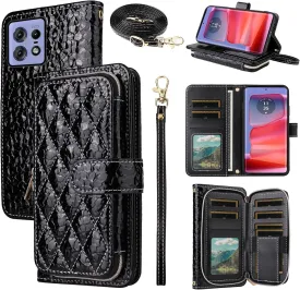 Argyle Wallet Case for Motorola Moto Edge 50 Pro 5G with Crossbody/Wrist Strap Lanyard Luxury PU Leather Stand Zipper Purse Shockproof Card Holder Cell Phone Cover for edge50Pro edge50 Black