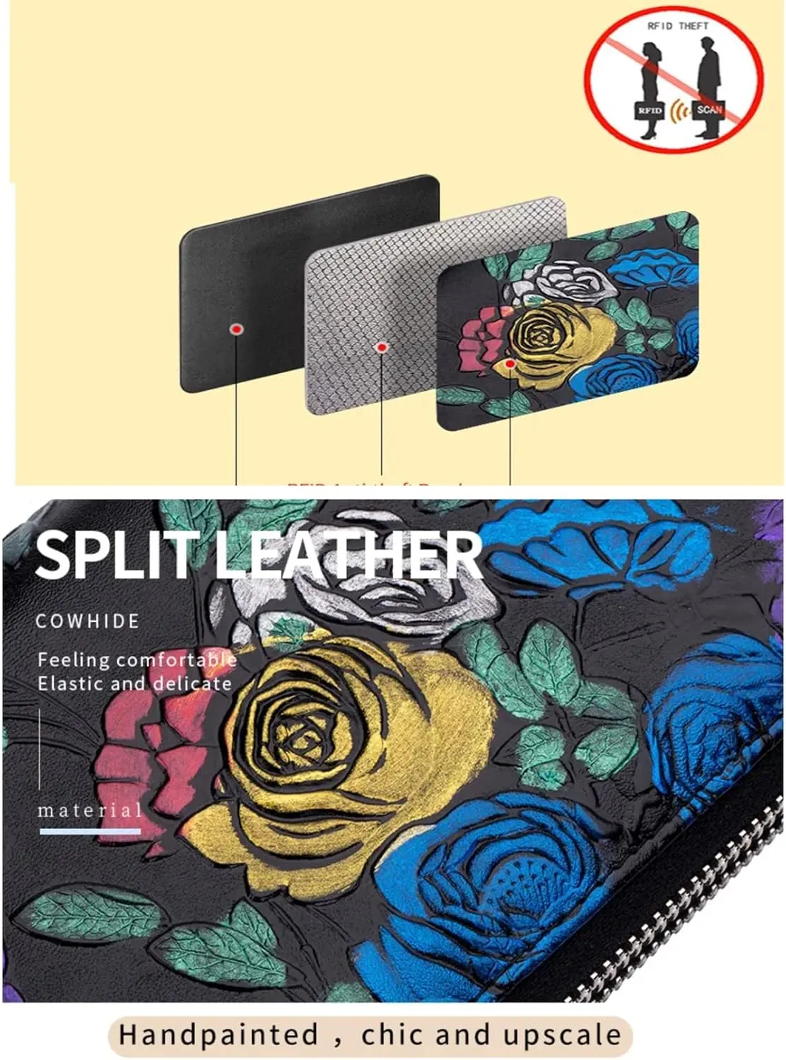 Aslana Genuine Leather Double Zipped Wallet Wristlet for Women, RFID Blocking Double Zipped Floral Hand Painted Embossed Large Capacity Clutch Purse (Double Zipped - Dragonfly)