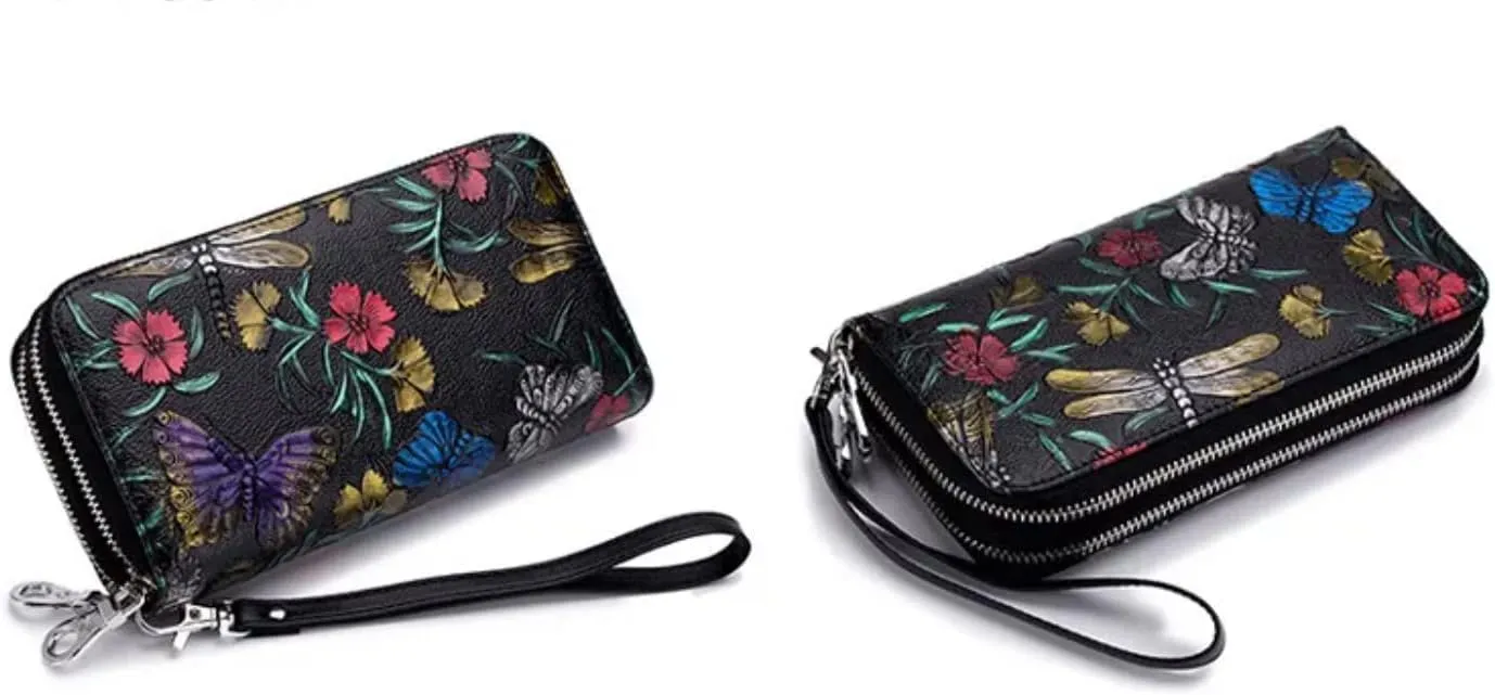 Aslana Genuine Leather Double Zipped Wallet Wristlet for Women, RFID Blocking Double Zipped Floral Hand Painted Embossed Large Capacity Clutch Purse (Double Zipped - Dragonfly)