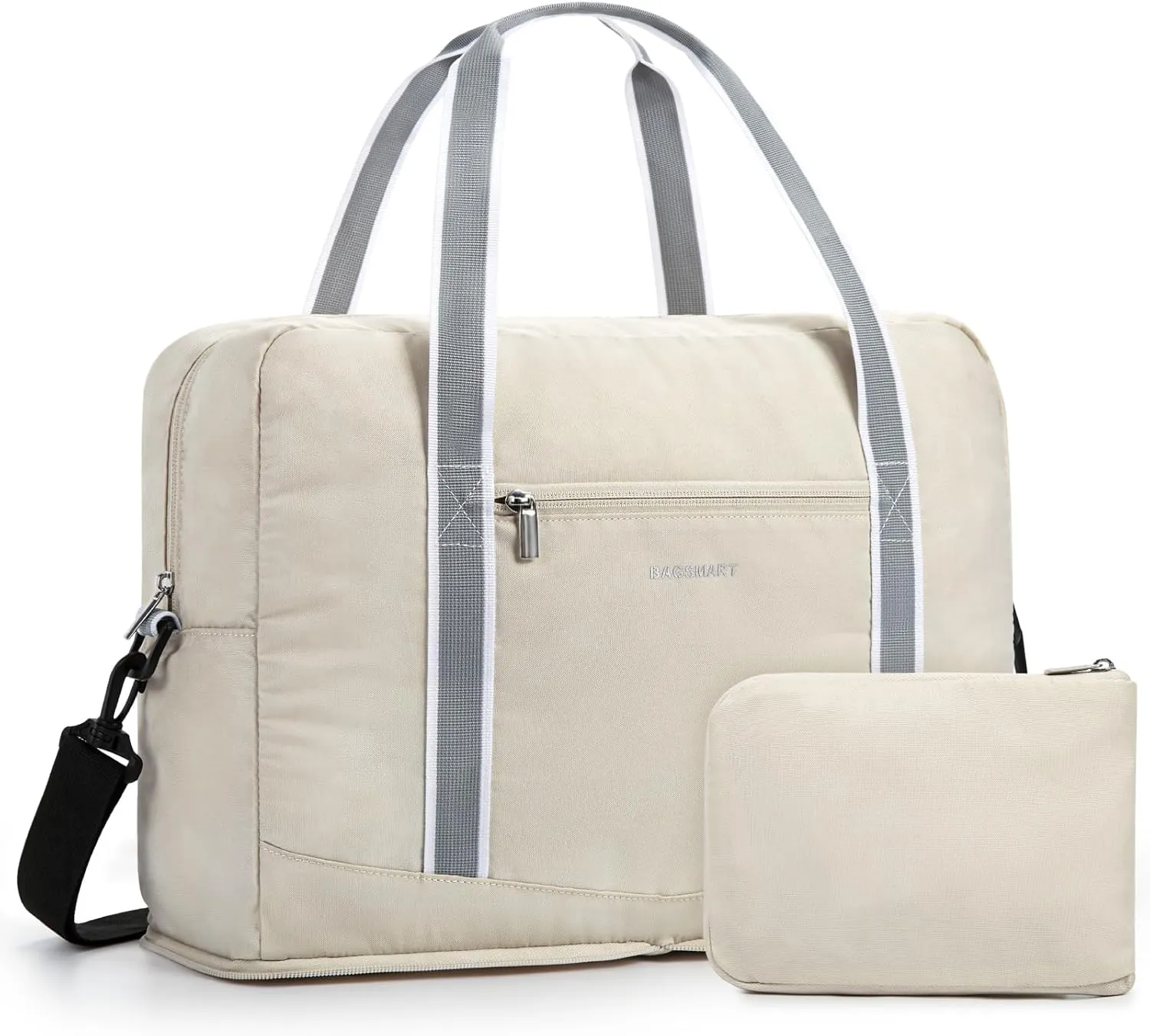 BAGSMART For Spirit Airlines Personal Item Bag 18x14x8, Foldable Travel Duffel Bag Tote Weekend Overnight Bag Carry on Luggage for Women and Men(Beige)