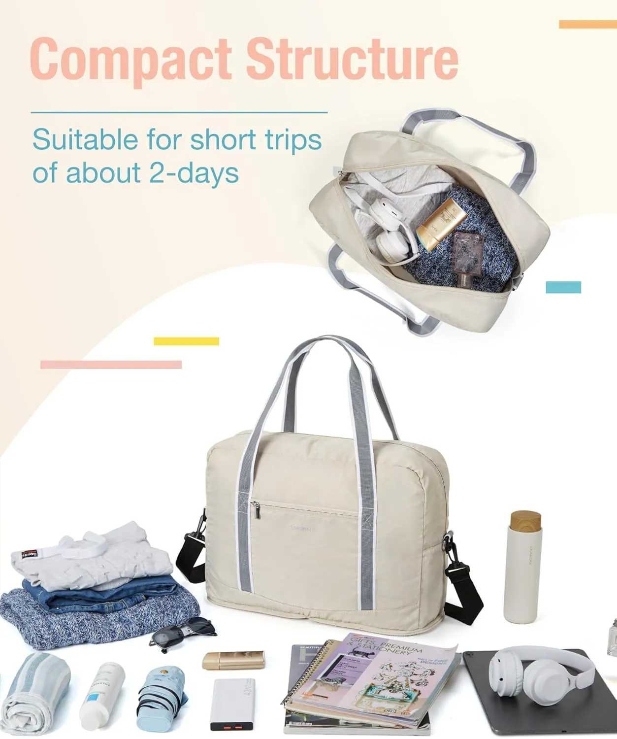 BAGSMART For Spirit Airlines Personal Item Bag 18x14x8, Foldable Travel Duffel Bag Tote Weekend Overnight Bag Carry on Luggage for Women and Men(Beige)