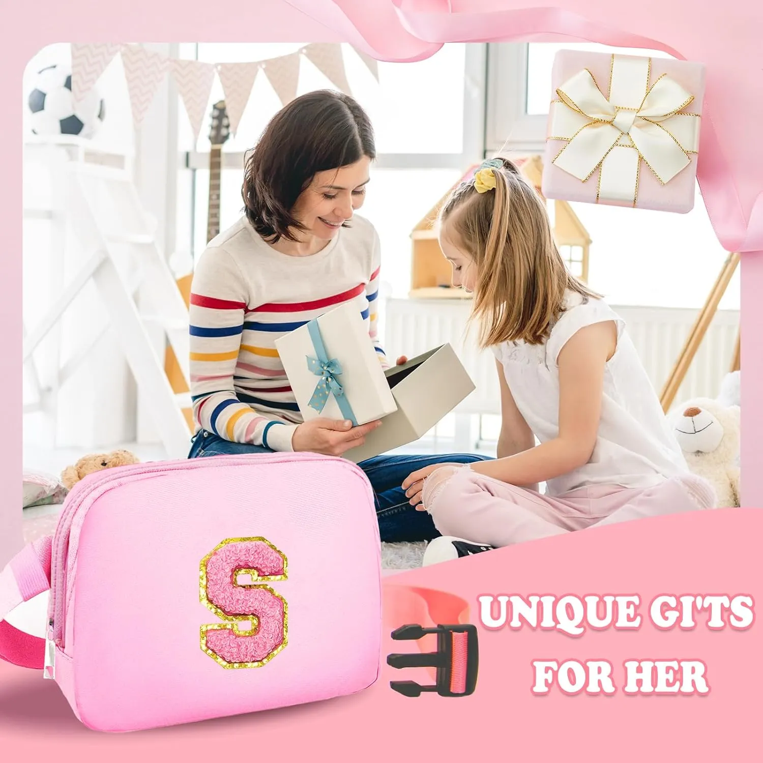 Birthday Gifts for 4 5 6 7 8 9 10 11 12 13 Year Old Girls, Crossbody Bags Fanny Pack with Initial Letter Patch Cute Stuff for Women Girls Teens (S, Pink)