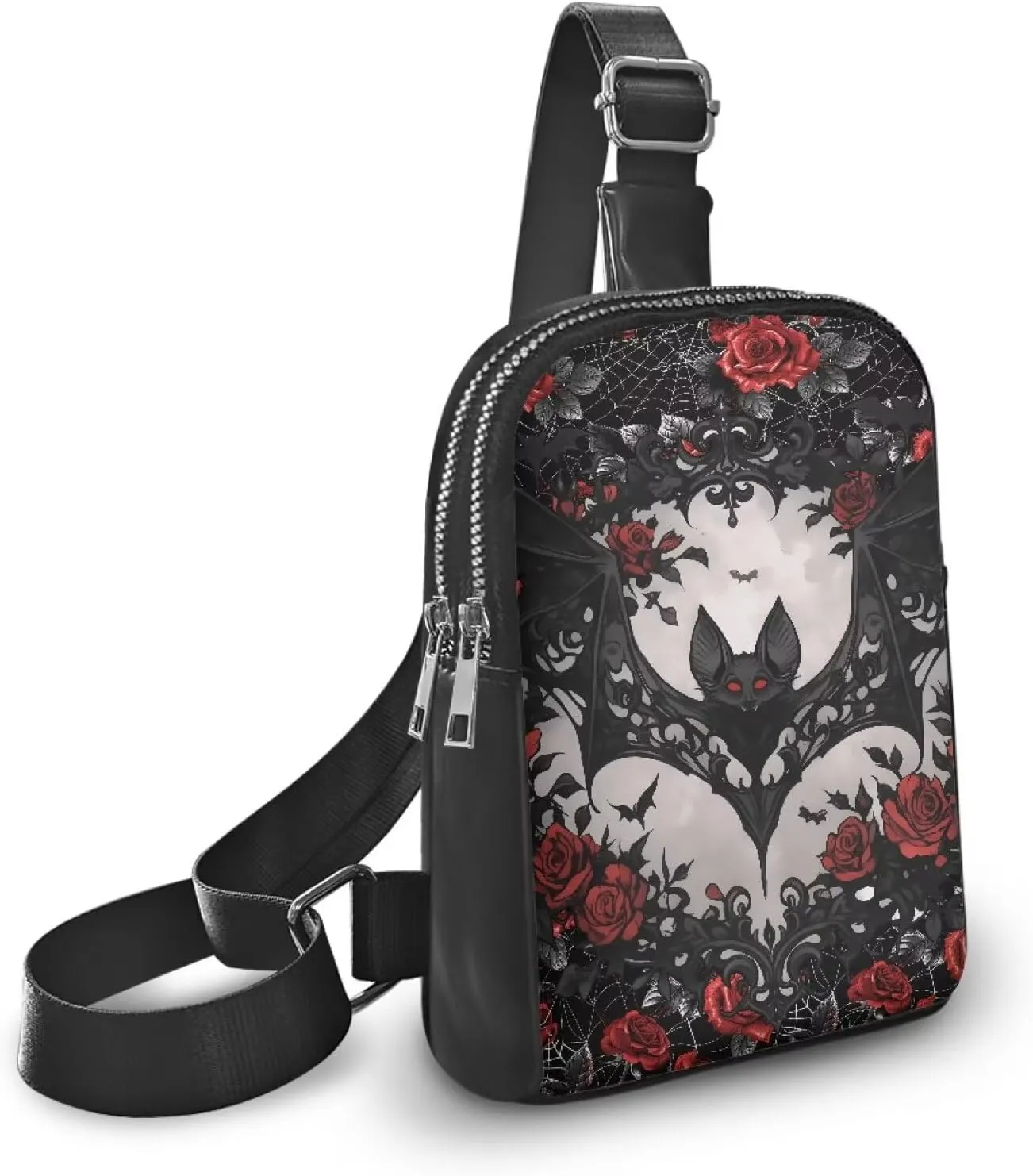 Black Bat Print Fanny Packs for Women Cross Body Sling Daypack, Gothic Bat Red Roses Printed Belt Bag Zipper Crossbody Bag for Travel