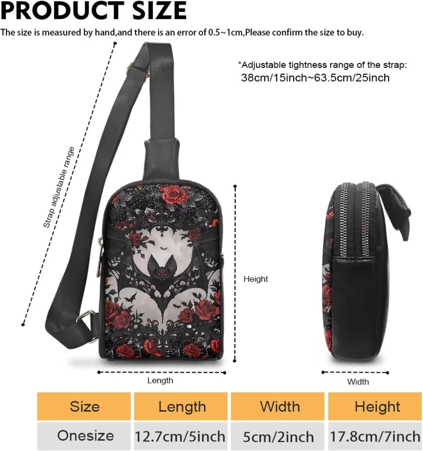 Black Bat Print Fanny Packs for Women Cross Body Sling Daypack, Gothic Bat Red Roses Printed Belt Bag Zipper Crossbody Bag for Travel
