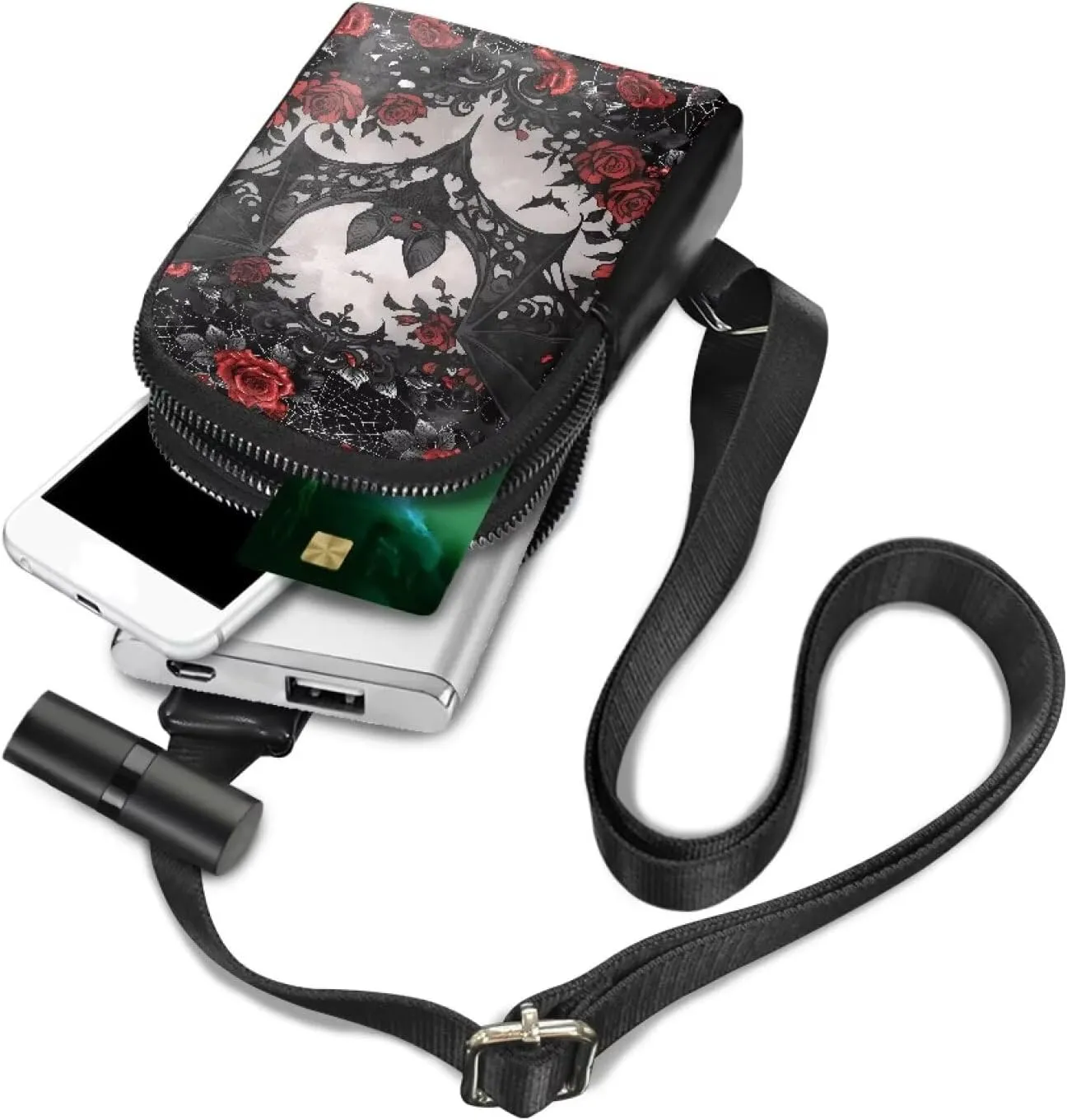 Black Bat Print Fanny Packs for Women Cross Body Sling Daypack, Gothic Bat Red Roses Printed Belt Bag Zipper Crossbody Bag for Travel