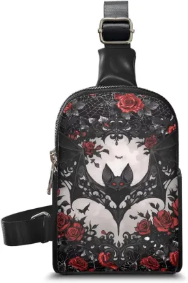 Black Bat Print Fanny Packs for Women Cross Body Sling Daypack, Gothic Bat Red Roses Printed Belt Bag Zipper Crossbody Bag for Travel
