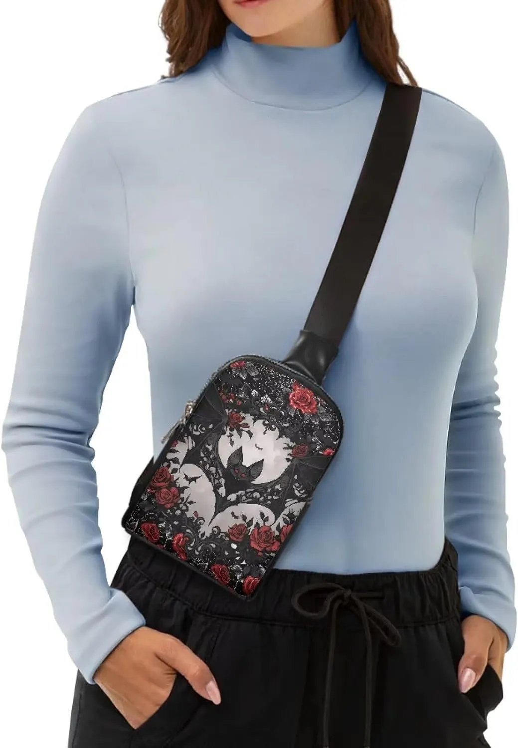 Black Bat Print Fanny Packs for Women Cross Body Sling Daypack, Gothic Bat Red Roses Printed Belt Bag Zipper Crossbody Bag for Travel