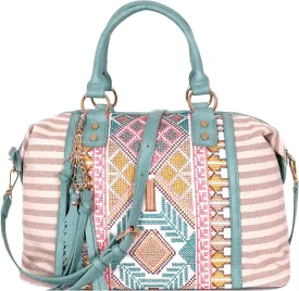Boho Tassel Leaf Charm Aztec & Stripe Embroidered Canvas Satchel Tote Handbag Purse