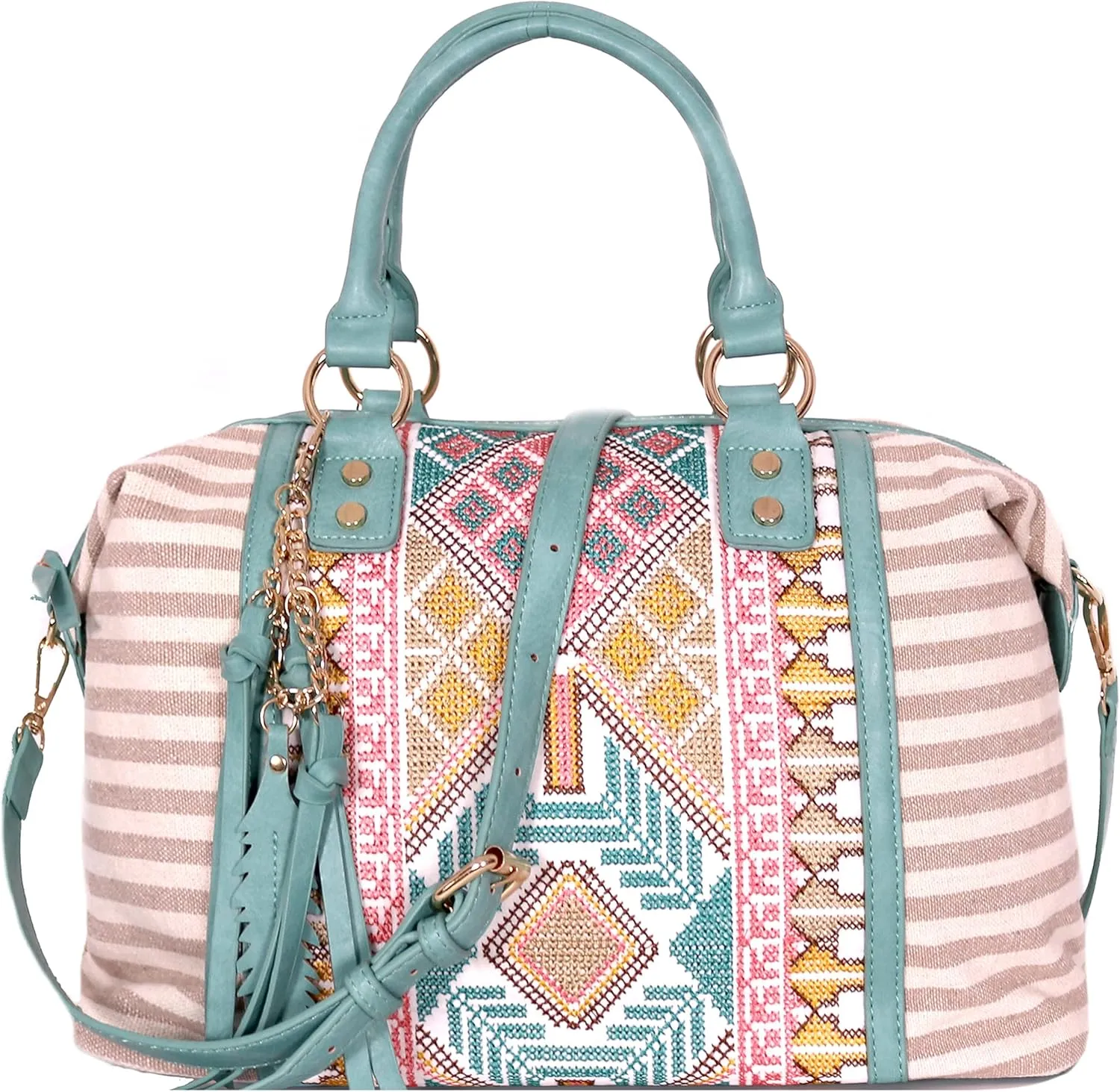 Boho Tassel Leaf Charm Aztec & Stripe Embroidered Canvas Satchel Tote Handbag Purse