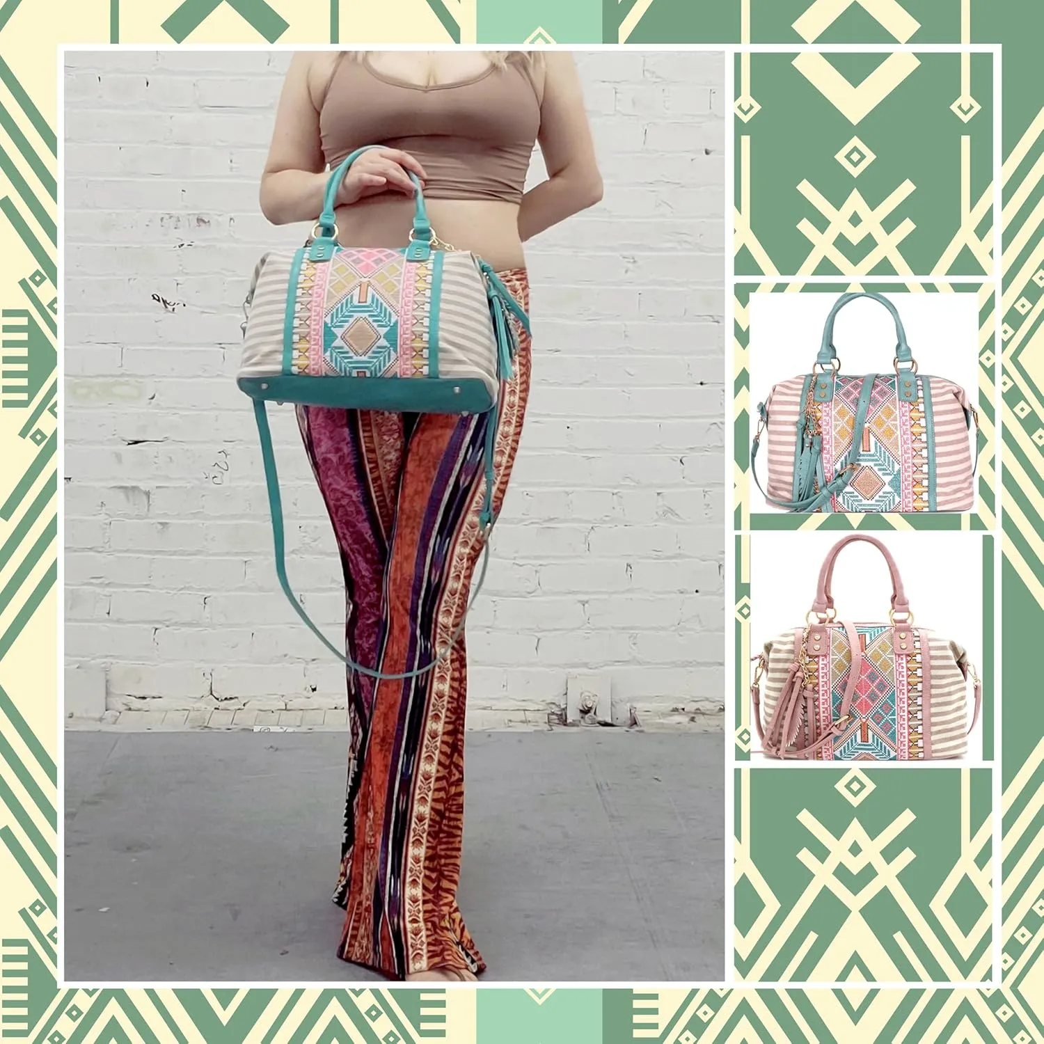 Boho Tassel Leaf Charm Aztec & Stripe Embroidered Canvas Satchel Tote Handbag Purse