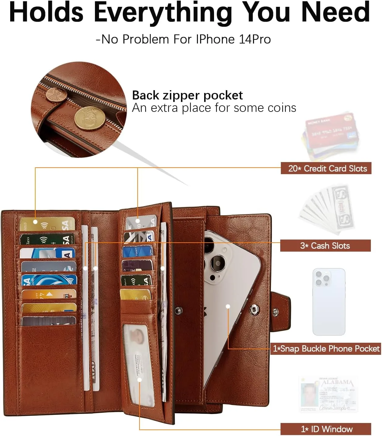 BOSTANTEN Womens Leather Wallets RFID Blocking Large Capacity Credit Card Holder Phone Clutch Brown