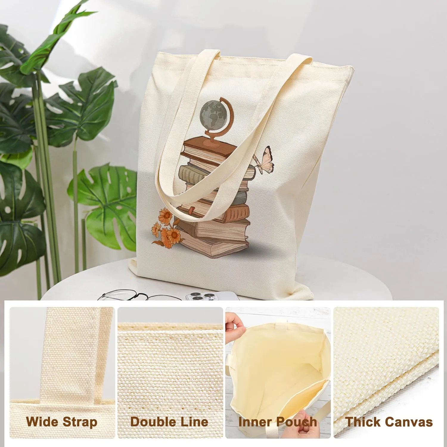 Canvas Aesthetic Reusable Grocery Tote Bag with Pockets for Women Graduation Travel Work Mothers Day Christmas