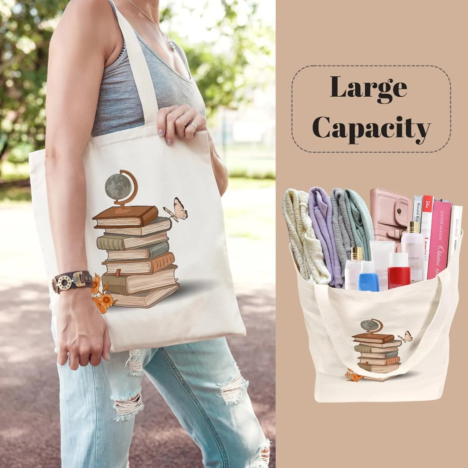 Canvas Aesthetic Reusable Grocery Tote Bag with Pockets for Women Graduation Travel Work Mothers Day Christmas