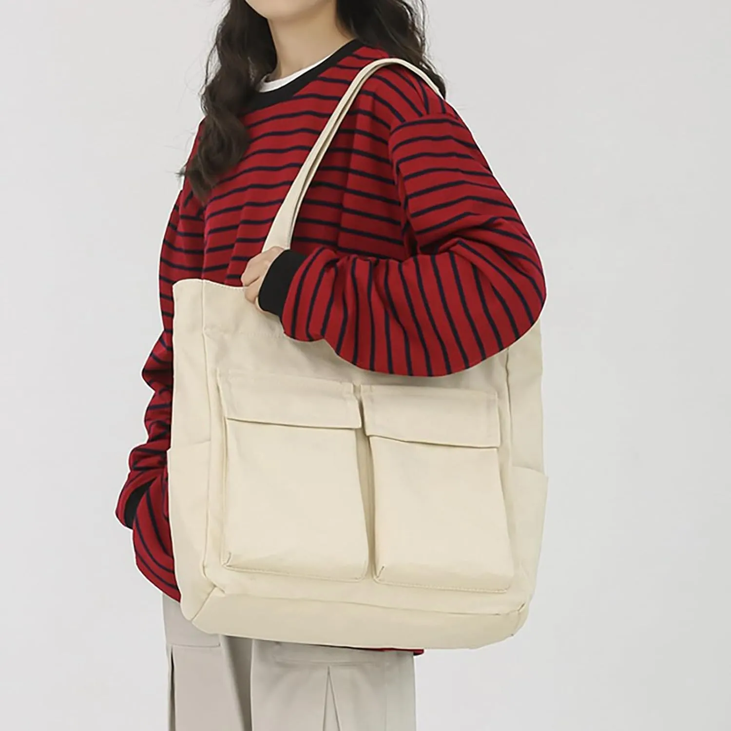 Canvas Bag For Women Capacity Fashionable And Versatile Single Shoulder Bag Student Commuting Portable (Beige, One Size)