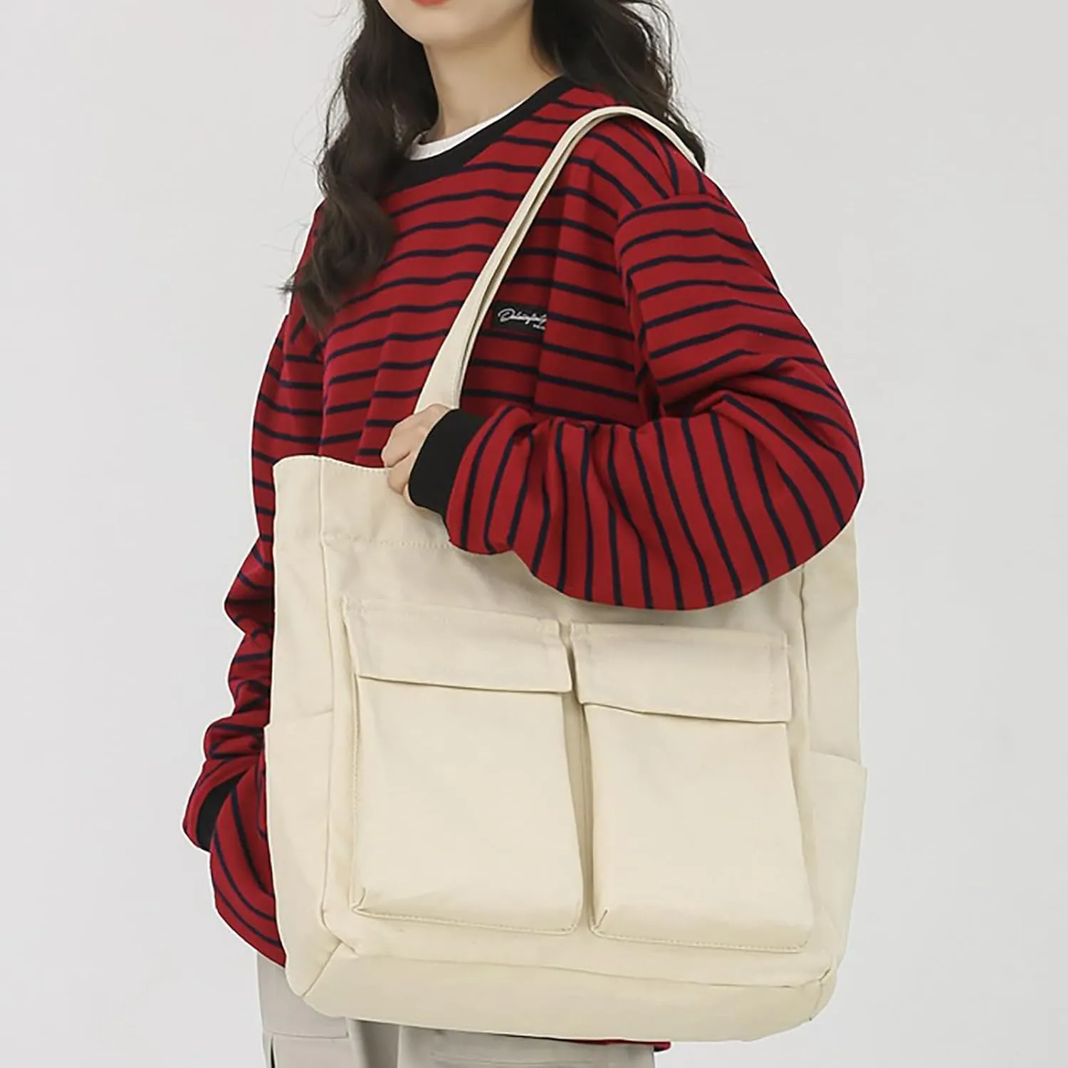 Canvas Bag For Women Capacity Fashionable And Versatile Single Shoulder Bag Student Commuting Portable (Beige, One Size)