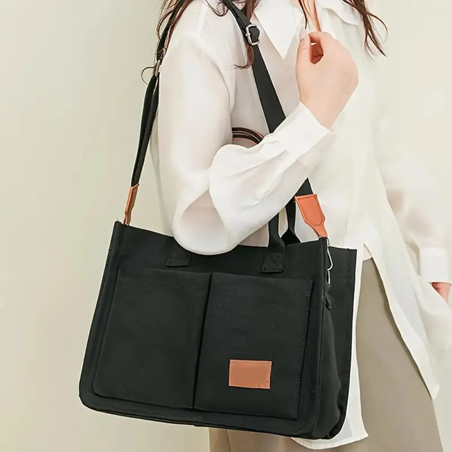 Canvas Bags For Women Solid Color Large Capacity Exterior Pockets Ladies Bag Laundry Messenger Tote Bags