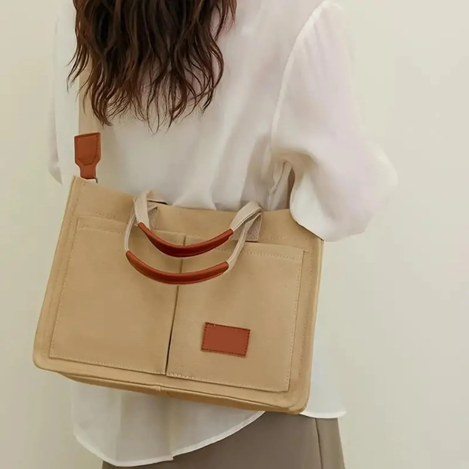 Canvas Bags For Women Solid Color Large Capacity Exterior Pockets Ladies Bag Laundry Messenger Tote Bags