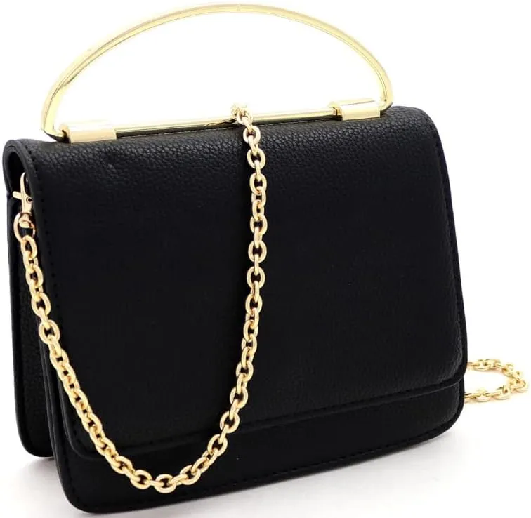 Classy Small Mini Metal Top-Handle Flap Simple Minimalist Satchel Clutch Purse Crossbody Bag