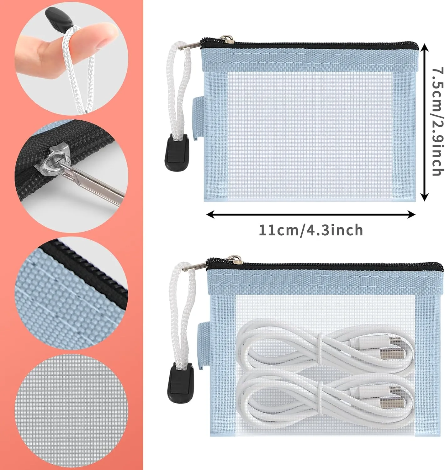 Classycoo Mini Zipper Mesh Bags 5 Pack,3" x 4.3" Nylon Small Zipper Mesh Pouch Key Holder,Coin Purse,Card Holder, Portable Travel Makeup Cosmetic Bags for Lipstick,Earphone (Blue)