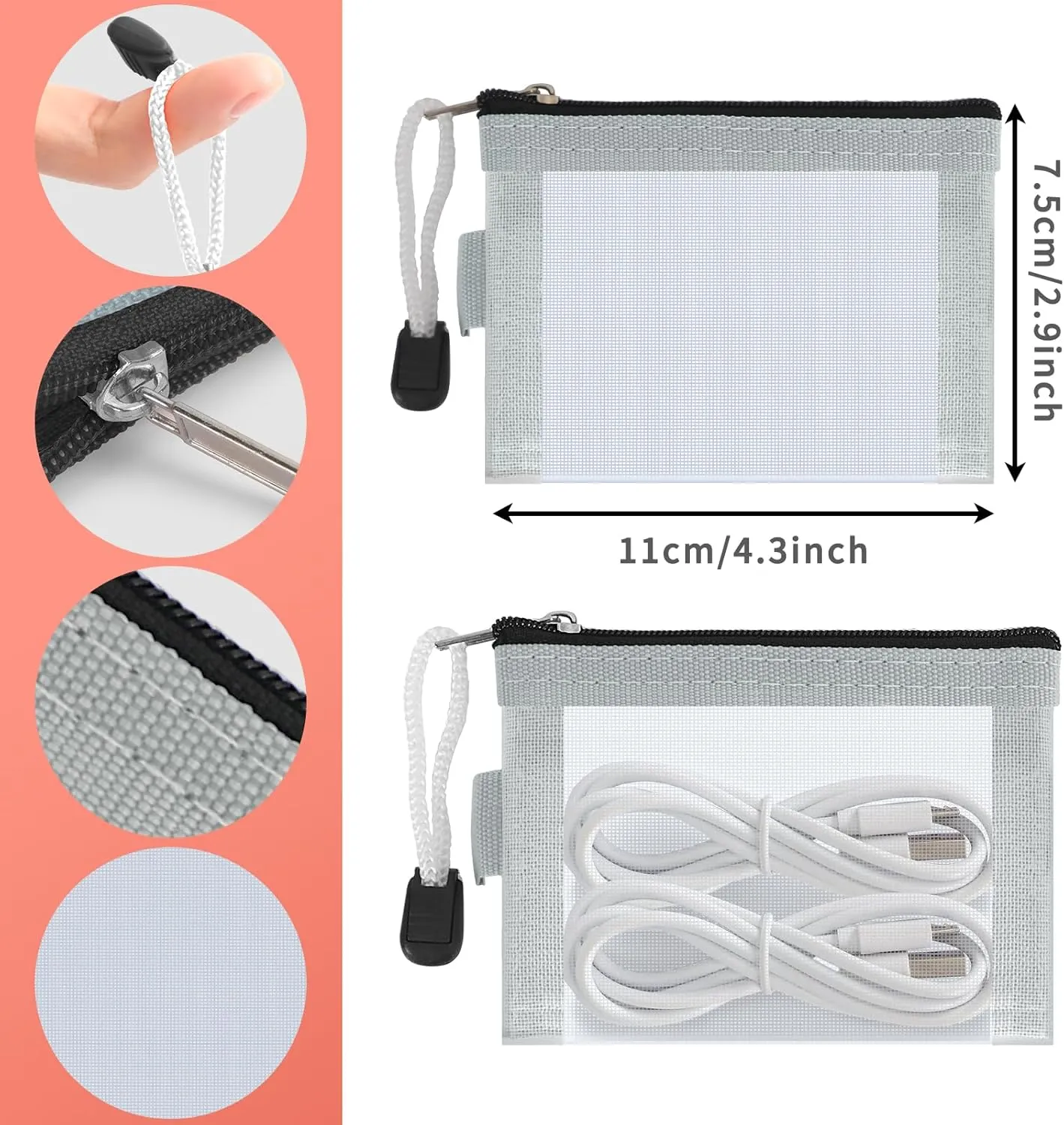 Classycoo Mini Zipper Mesh Bags 5 Pack,3" x 4.3" Nylon Small Zipper Mesh Pouch Key Holder,Coin Purse,Card Holder, Portable Travel Makeup Cosmetic Mesh Zipper Bags for Lipstick,Earphone (Grey)