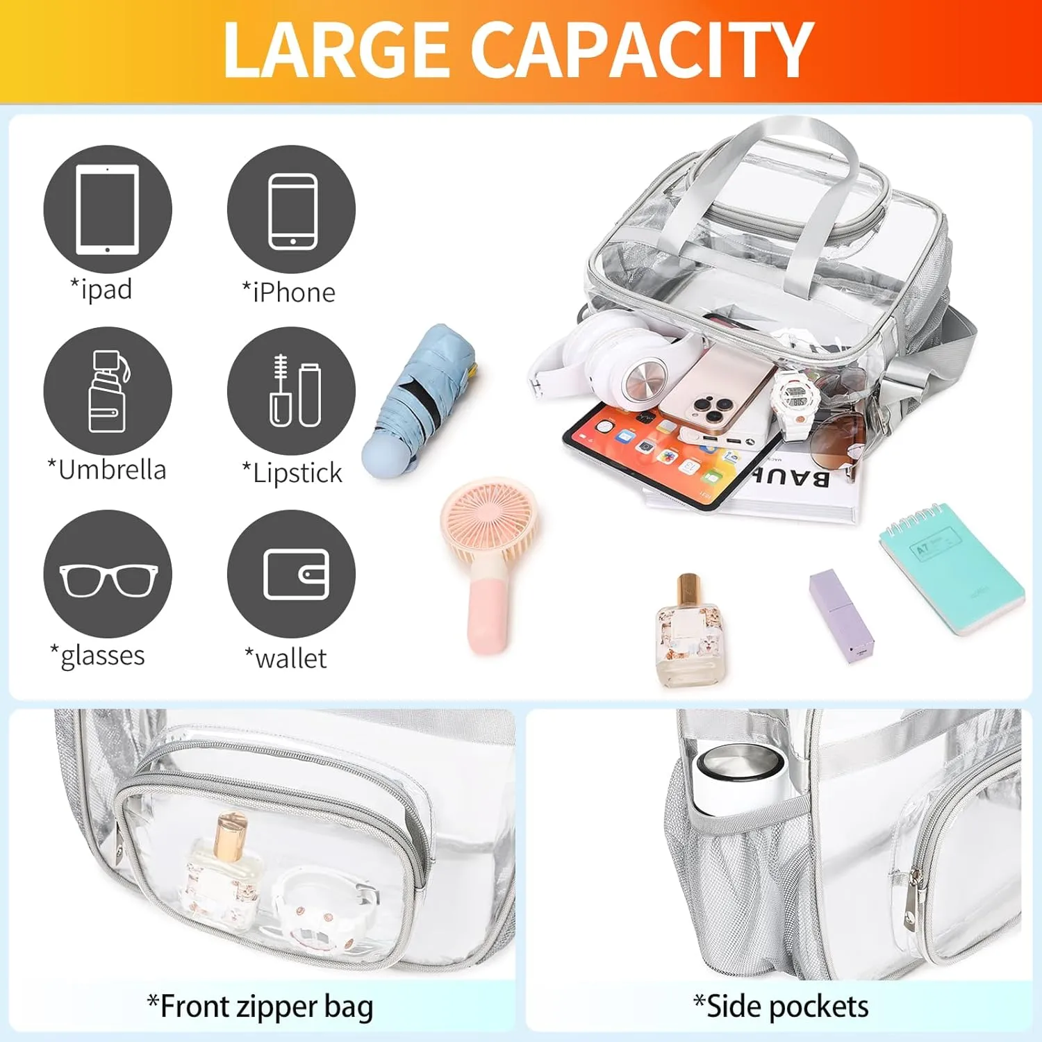 Clear Bags Stadium Approved,See Through Tote Bag Shoulder Strap Large Transparent Bag
