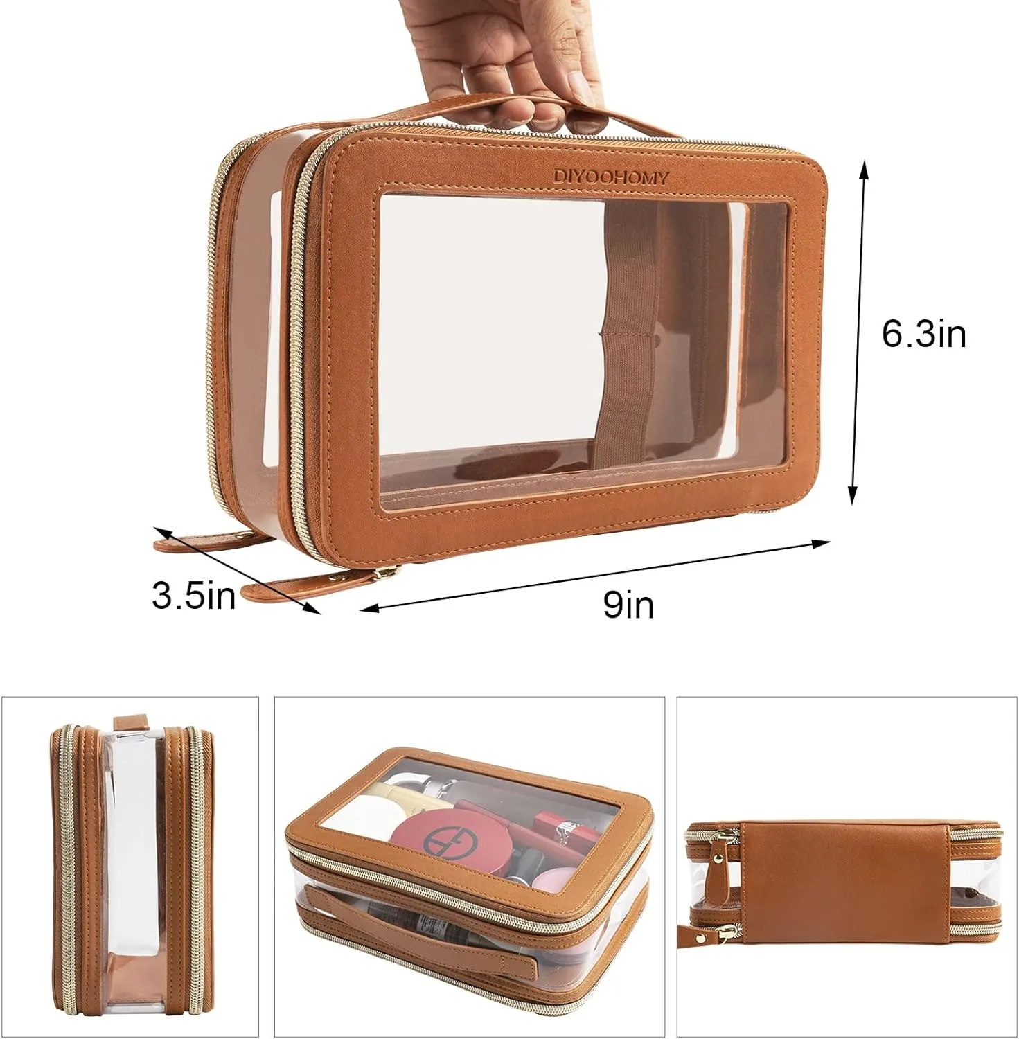 Clear Makeup Bag Double Layer Two Sided With Zipper Brown Square Cosmetic Large Make Up Case Compartments Brush Travel Leather Toiletry Women Organizer Transparent Waterproof Pouch