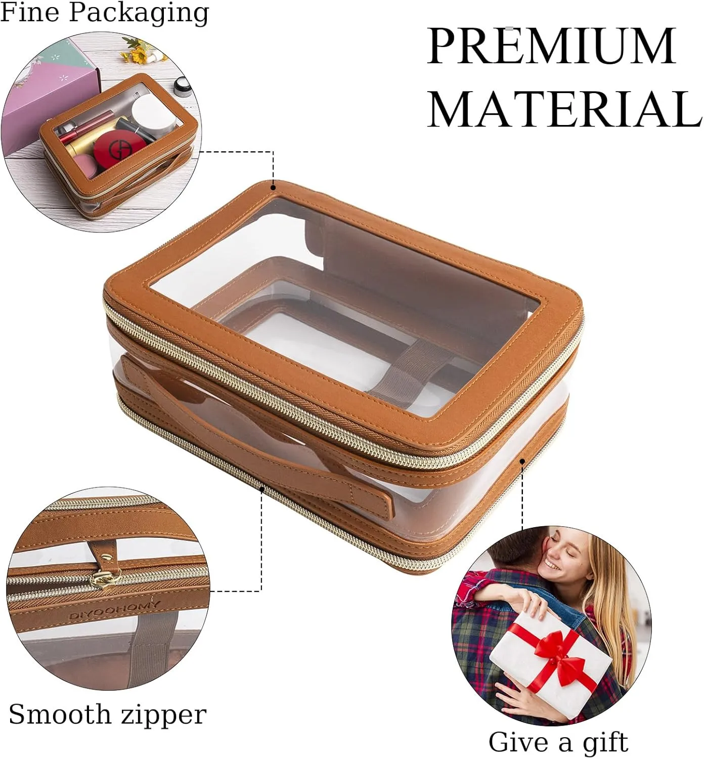 Clear Makeup Bag Double Layer Two Sided With Zipper Brown Square Cosmetic Large Make Up Case Compartments Brush Travel Leather Toiletry Women Organizer Transparent Waterproof Pouch