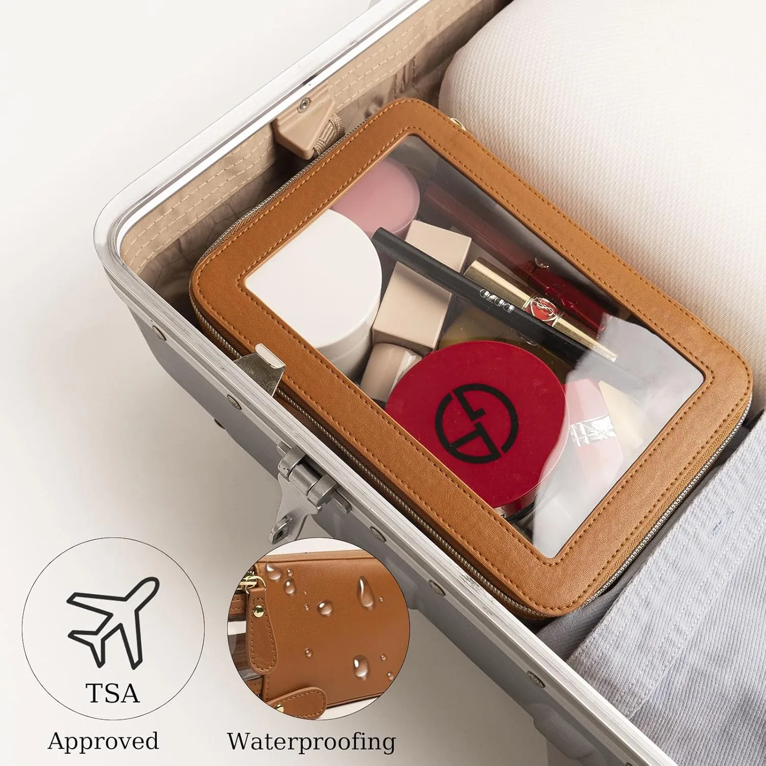 Clear Makeup Bag Double Layer Two Sided With Zipper Brown Square Cosmetic Large Make Up Case Compartments Brush Travel Leather Toiletry Women Organizer Transparent Waterproof Pouch