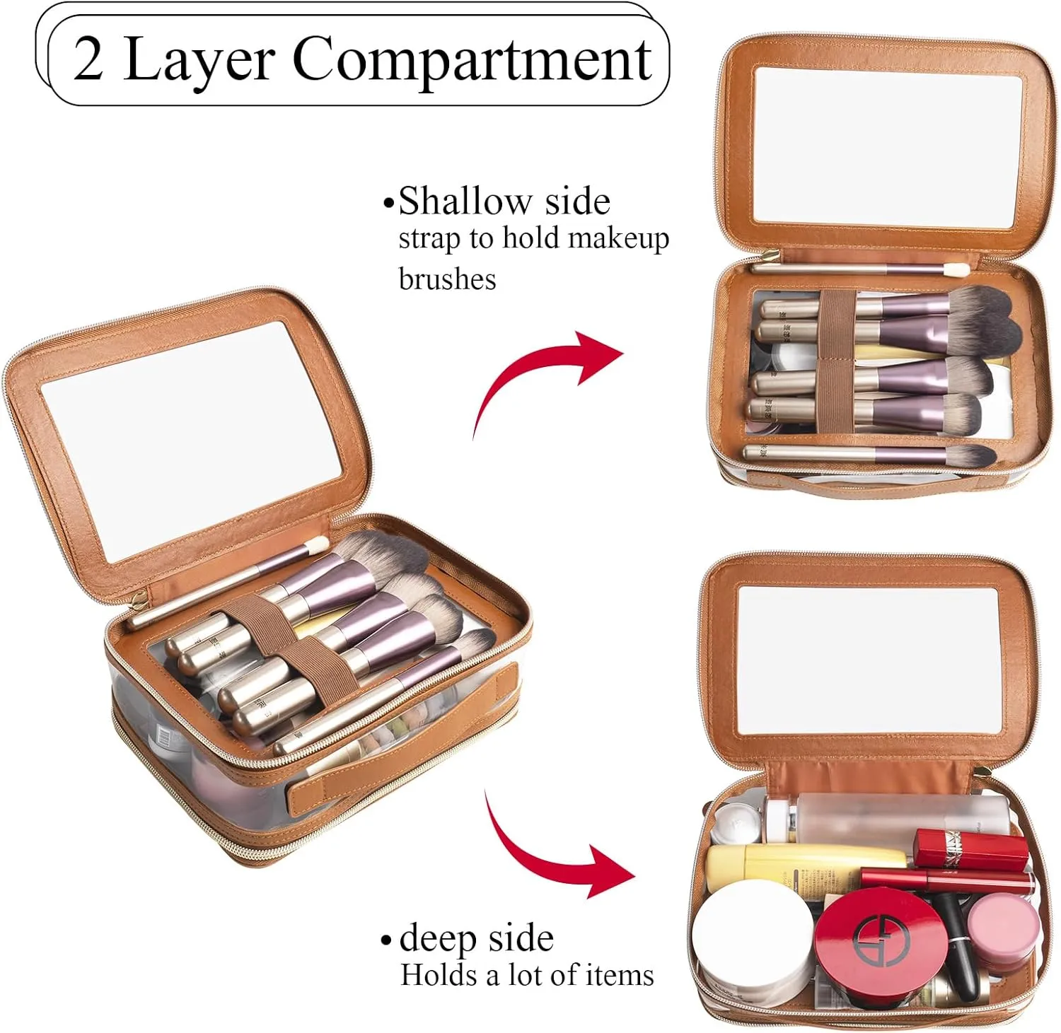 Clear Makeup Bag Double Layer Two Sided With Zipper Brown Square Cosmetic Large Make Up Case Compartments Brush Travel Leather Toiletry Women Organizer Transparent Waterproof Pouch