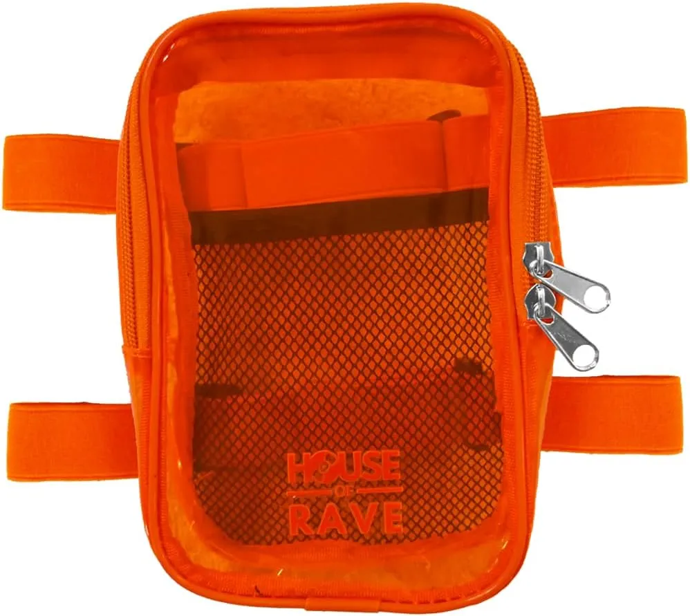 Clear Thigh Bag - Carnival Bag - Neon Thigh Bag w/Mesh Pocket & Double Zipper - Rave Bag for Women - Jelly Phone Holder Bag (Orange)