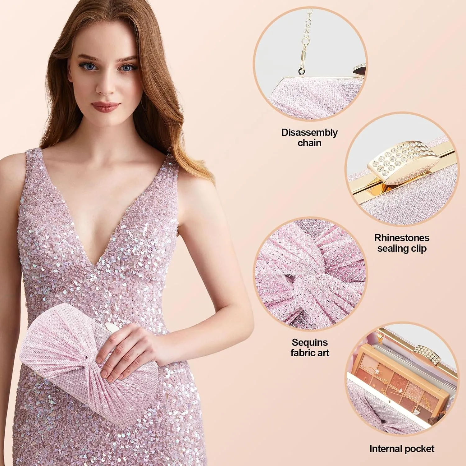 Clutch Purses for Women Wedding Evening Glitter Sparkly Handbags Party Purses for Women with Detachable Chain