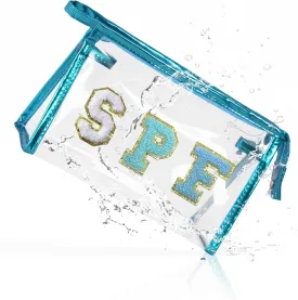 COSHAYSOO Clear Makeup Bag Preppy Sunscreen Pouch Small Beach Pool Summer Stuff Travel Must Have Cosmetic Toiletry Purse Organizer for Women Teenage Girl with Personalized Letter Patch Blue SPF