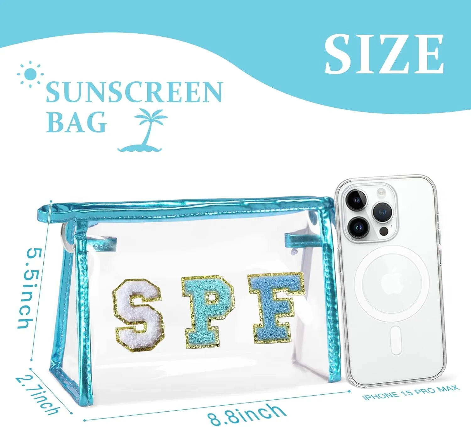 COSHAYSOO Clear Makeup Bag Preppy Sunscreen Pouch Small Beach Pool Summer Stuff Travel Must Have Cosmetic Toiletry Purse Organizer for Women Teenage Girl with Personalized Letter Patch Blue SPF