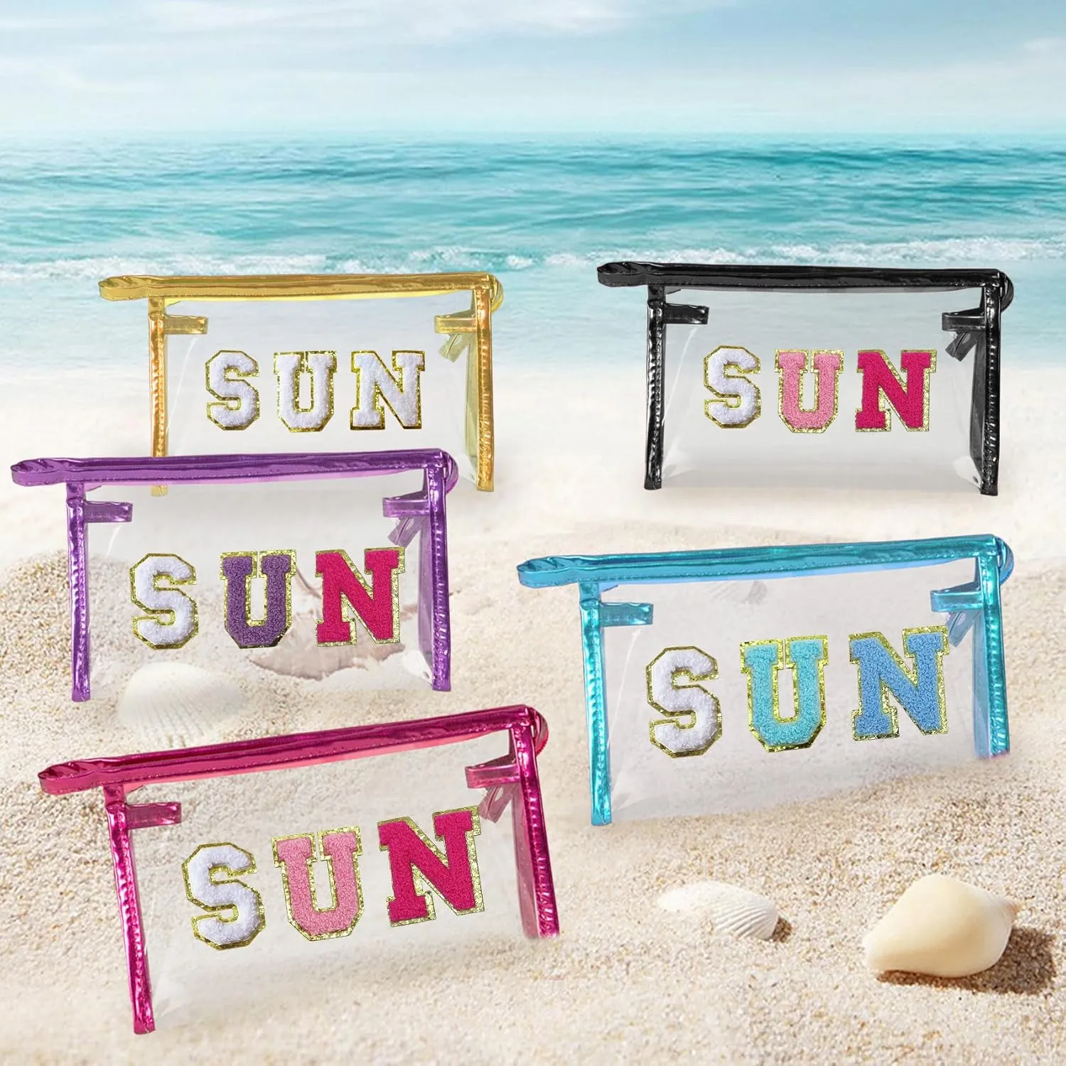 COSHAYSOO Clear Makeup Bag Toiletry Sunscreen Pouch Waterproof Summer Beach Vacation Essentials Airplane Cruise Travel Stuff Small Purse for Women Teenager Girls with Chenille Letter Black SUN