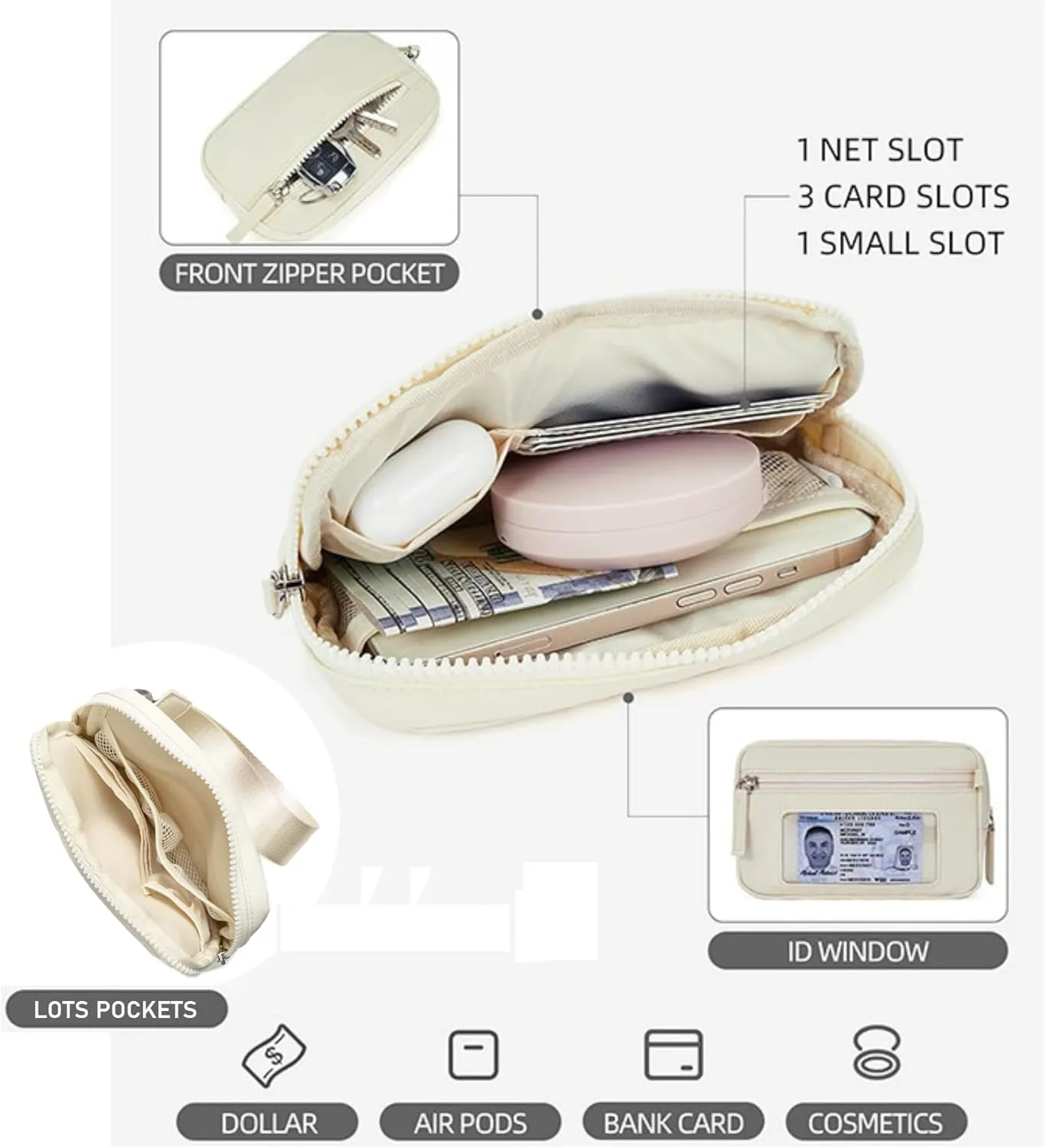 DOB SECHS Small Wristlet Wallet for Women RFID Nylon Quilted Clutch Phone Bag with 3 Zipper Pockets Back Clear Pocket