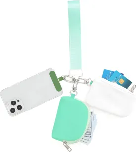 DYSHAYEN Dual Pouch Wristlet Wallet for Women Mini Portable Zip Around Keychain Wallet Coin Purse with TPU Phone Tether TabWhite Green