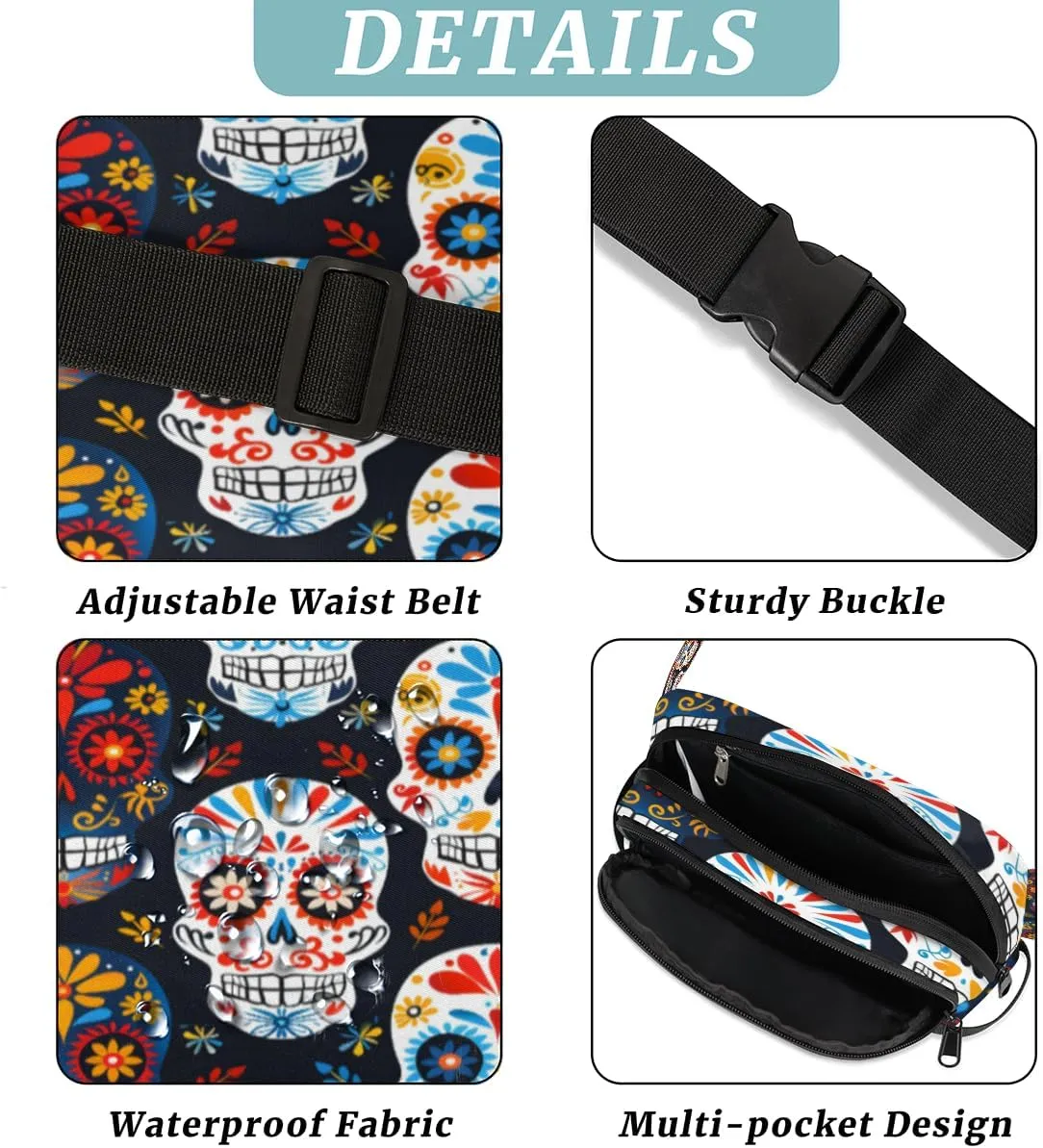 Fanny Pack for Men Women, Waterproof Sports Waist Bag Pack, Sugar Skull Belt Bag for Travel Hiking Running, Travel Chest Bag with Adjustable Strap, Gothic Rose Flower Skull