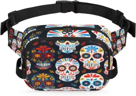 Fanny Pack for Men Women, Waterproof Sports Waist Bag Pack, Sugar Skull Belt Bag for Travel Hiking Running, Travel Chest Bag with Adjustable Strap, Gothic Rose Flower Skull
