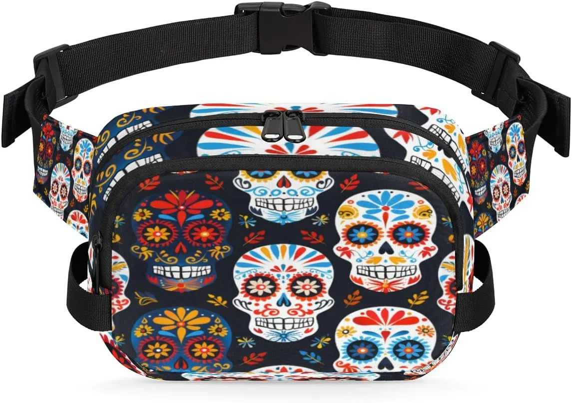 Fanny Pack for Men Women, Waterproof Sports Waist Bag Pack, Sugar Skull Belt Bag for Travel Hiking Running, Travel Chest Bag with Adjustable Strap, Gothic Rose Flower Skull