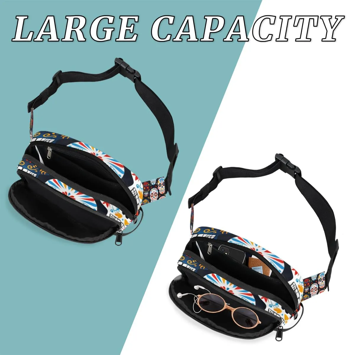 Fanny Pack for Men Women, Waterproof Sports Waist Bag Pack, Sugar Skull Belt Bag for Travel Hiking Running, Travel Chest Bag with Adjustable Strap, Gothic Rose Flower Skull